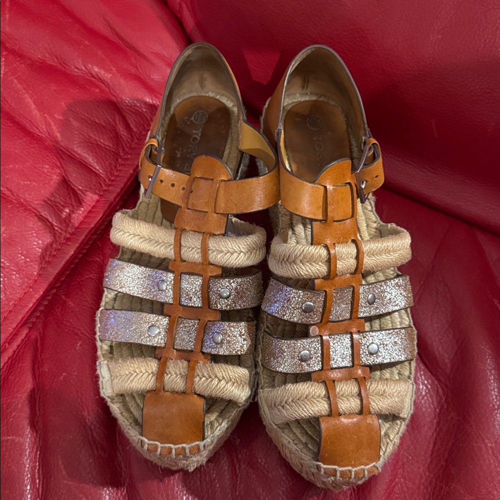 Tory Burch Fisherman Platform Espadrille in Brandy & Silver